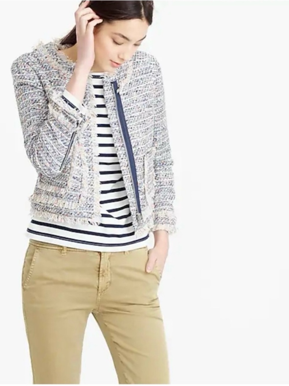 J.Crew Multicolor Tweed Lady Jacket Fringe Zip Detail Size 6 - Picture 3 of 6